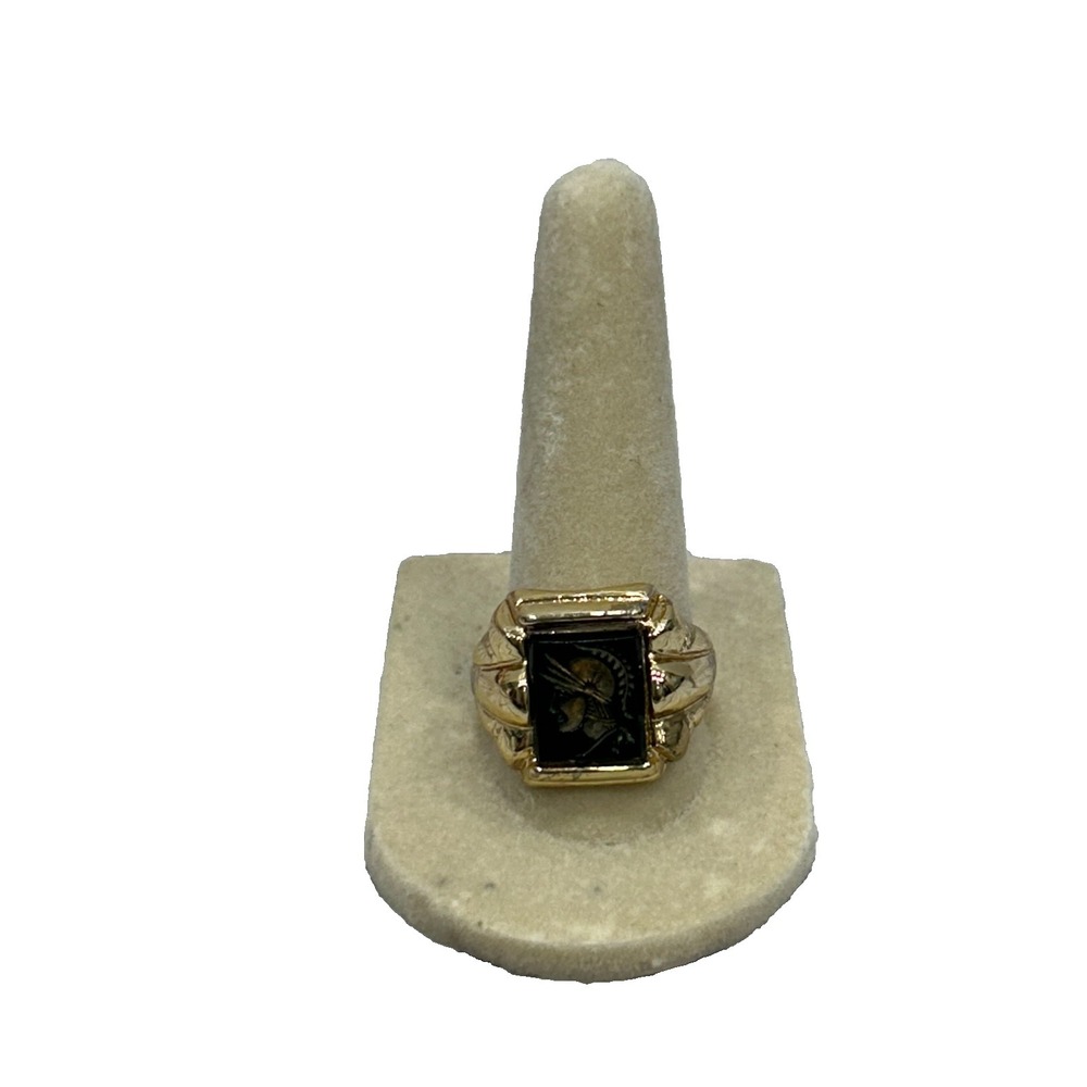 Vintage Gold Tone Warrior Trojan Black Onyx Statement Fashion Ring Size 9.5